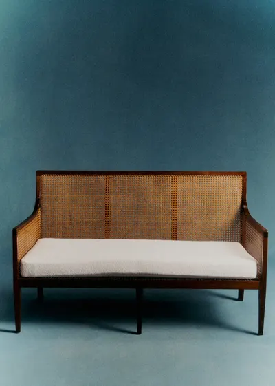 Banquette vintage noyer et cannage - Noyer et cannage