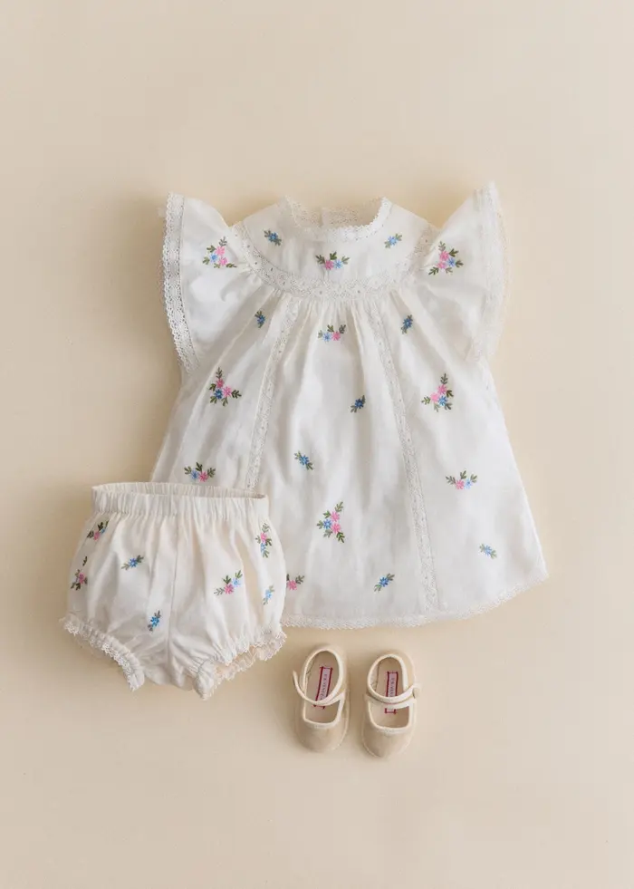 Bloomer Baptiste - Broderie Placée Fleurs Multico Fond Crème