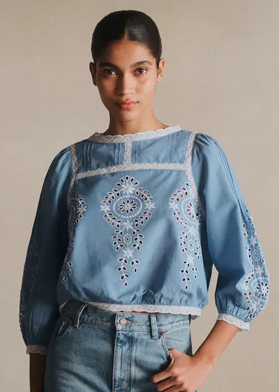 Blouse Enea - Broderie Contrastée Écru Fond Chambray