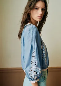 Blouse Enea - Broderie Contrastée Écru Fond Chambray — view 2