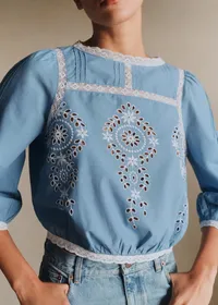 Blouse Enea - Broderie Contrastée Écru Fond Chambray — view 3