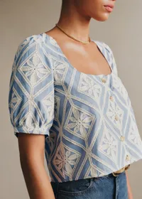 Blouse Laurie - Broderie Contrastée Écru Fond Ciel — view 2