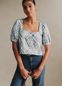 Blouse Laurie - Broderie Contrastée Écru Fond Ciel — view 3