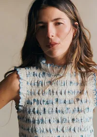 Blouse Samona - Broderie Contrastée Bleu Fond Ecru — view 2