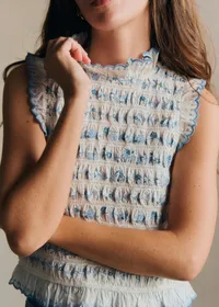 Blouse Samona - Broderie Contrastée Bleu Fond Ecru — view 3