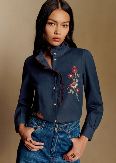 Chemise Chlo - Sézane x Baziszt - Oiseau Multico Fond Marine