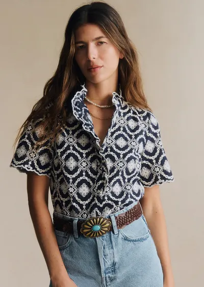 Chemise Dalhia - Fond Marine Broderie Ecru