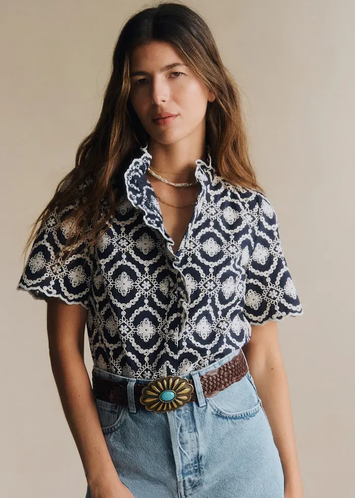 Chemise Dalhia - Fond Marine Broderie Ecru
