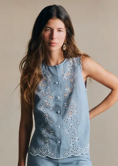 Chemise Isea - Broderie Contrastée Écru Fond Bleu Vintage