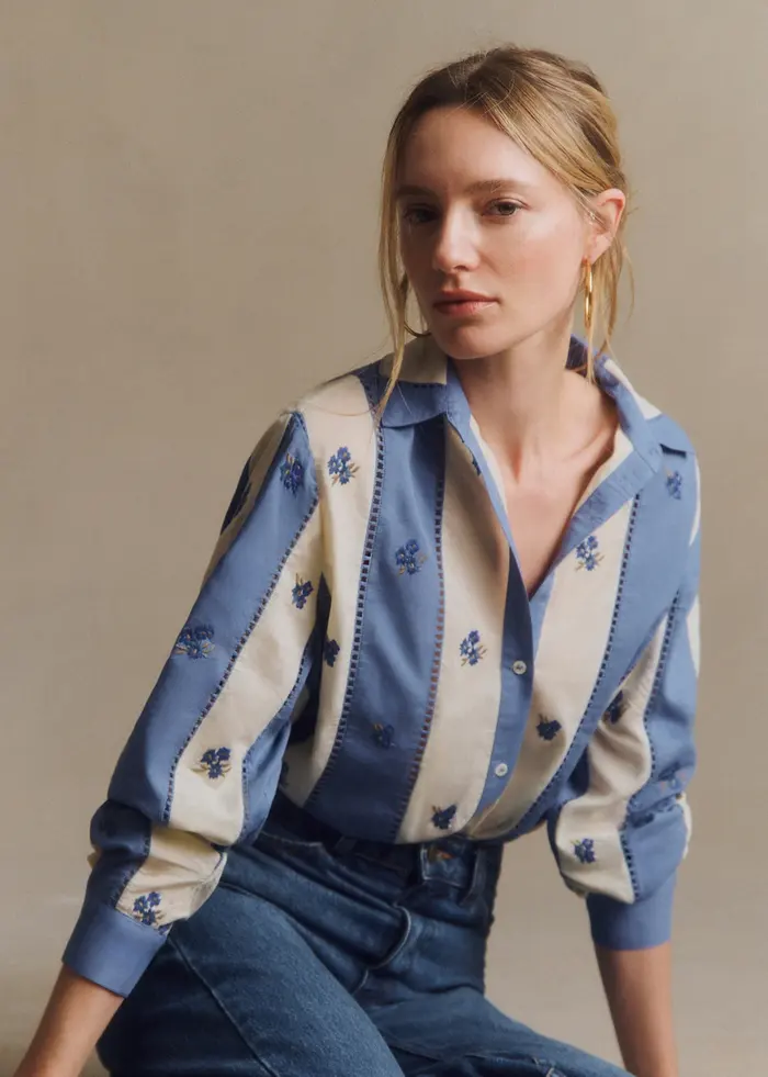 Chemise Marzia - Rayures Ecru bleu brodé fleur