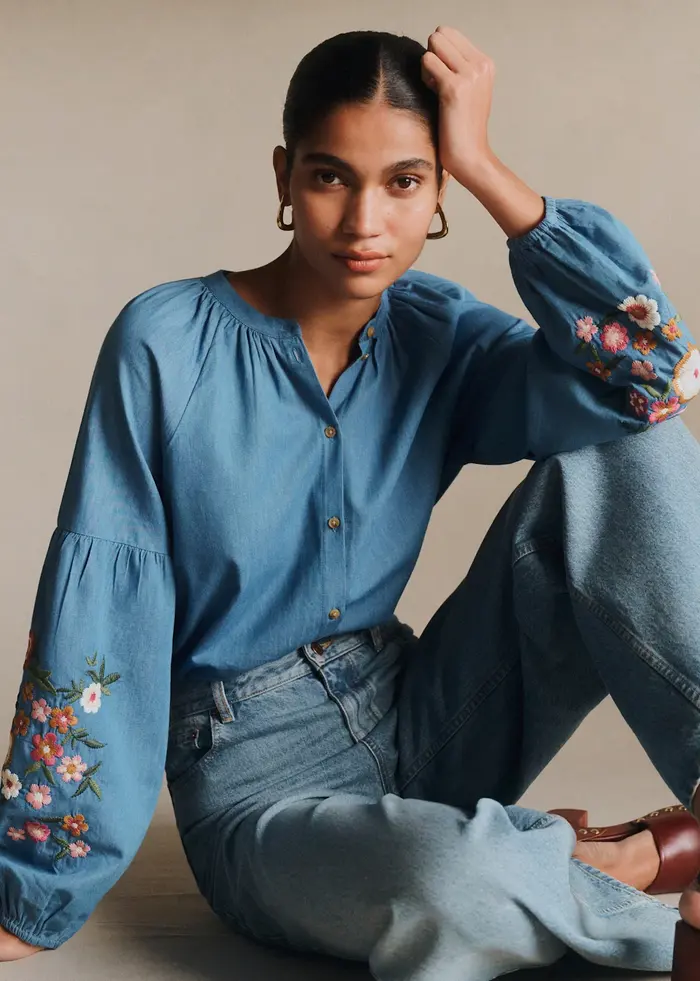 Chemise Nerissa - Broderie Placée Multico Fond Chambray