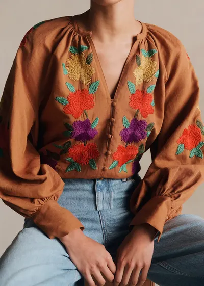 Chemise Roma - Broderie Placée 70's Fond Marron