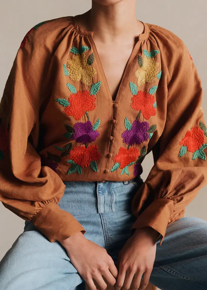Chemise Roma - Broderie Placée 70's Fond Marron