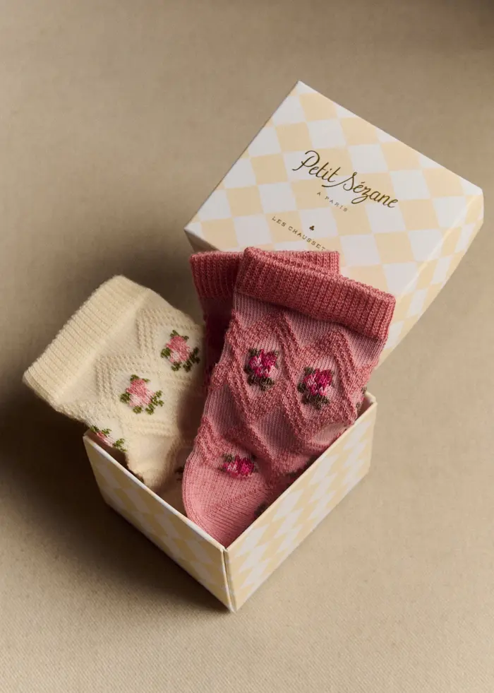Coffret de 2 chaussettes Julia - Fleurs vintage écru et rose