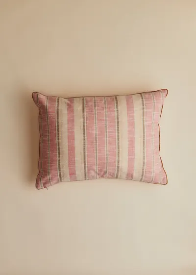 Coussin Tissé Rayures - Grand modèle - Rose et Ecru