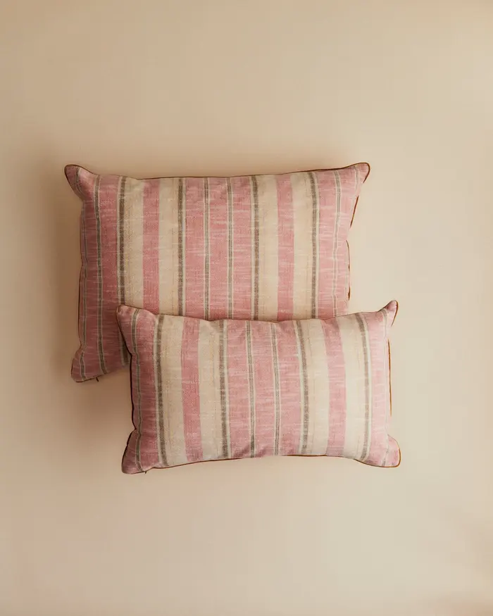 Coussin Tissé Rayures - Petit modèle - Rose et Ecru