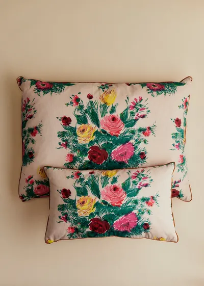Coussin vintage velours beige - Petit modèle - Imprimé Bouquet Fleurs de Jardin