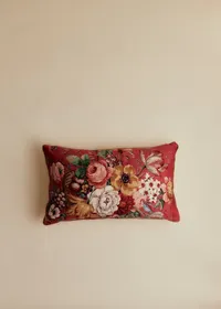 Coussin vintage velours beige - Petit modèle - Imprimé Bouquet Floral Fond Rouge — view 2