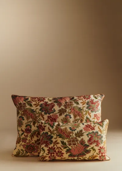 Coussin vintage velours beige - Petit modèle - Jacquard fleurs de printemps