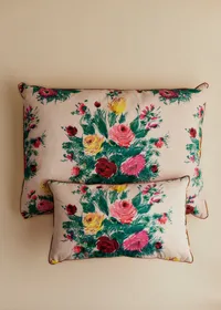 Coussin vintage velours beige - Très grand modèle - Imprimé Bouquet Fleurs de Jardin — view 3