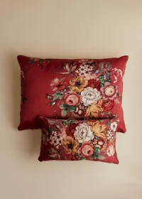 Coussin vintage velours beige - Très grand modèle - Imprimé Bouquet Floral Fond Rouge — view 3