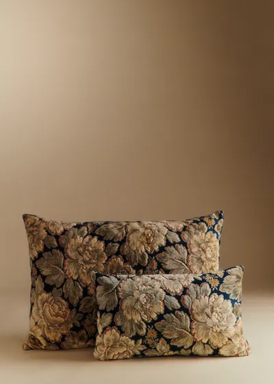 Coussin vintage velours bleu marine - Petit modèle - Jacquard bouquet de minuit
