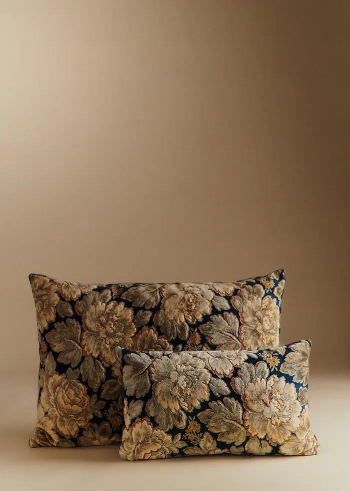 Coussin vintage velours bleu marine - Petit modèle - Jacquard bouquet de minuit