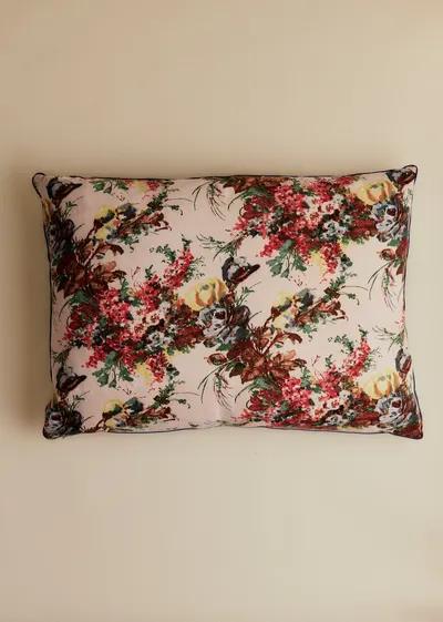 Coussin vintage velours bleu - Très grand modèle - Imprimé Branches Multico