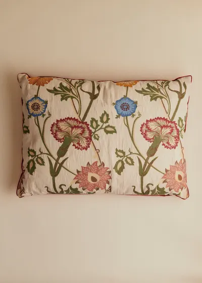 Coussin vintage velours blush - Très grand modèle - Imprimé Chrysanthèmes