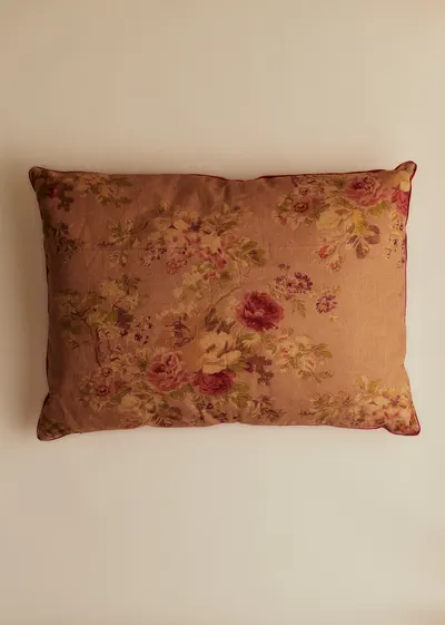 Coussin vintage velours blush - Très grand modèle - Imprimé Roses Anciennes Fond Ocre