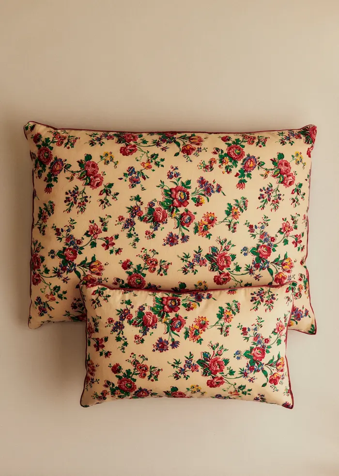 Coussin vintage velours bordeaux - Petit modèle - Imprimé Champêtre