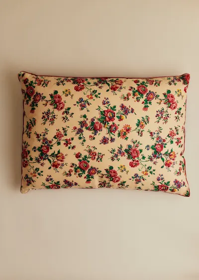 Coussin vintage velours bordeaux - Très grand modèle - Imprimé Champêtre