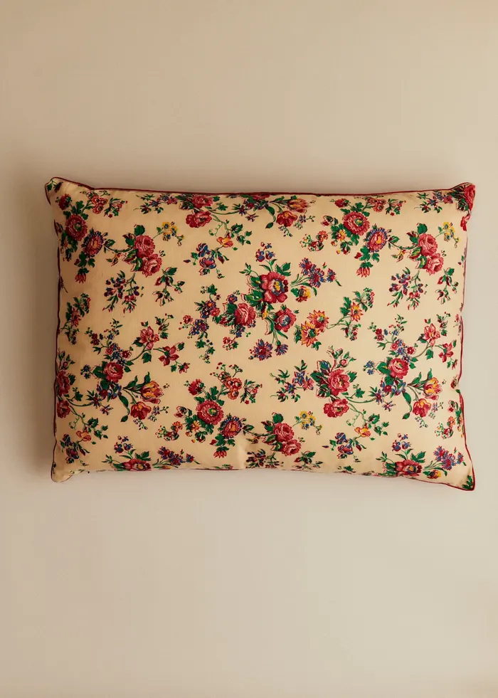 Coussin vintage velours bordeaux - Très grand modèle - Imprimé Champêtre