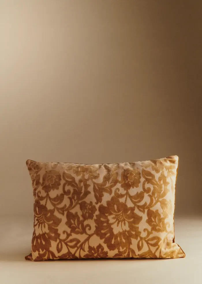 Coussin vintage velours caramel - Très grand modèle - Jacquard floral ton sur ton