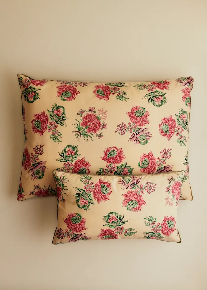 Coussin vintage velours céladon foncé - Petit modèle - Imprimé Fleurs de Chardon