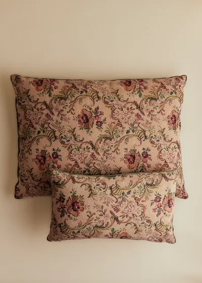 Coussin vintage velours céladon foncé - Petit modèle - Imprimé Tapisserie Ancienne