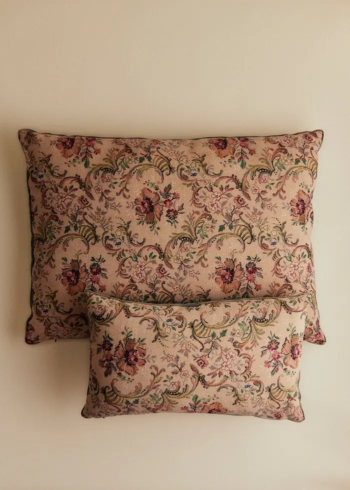 Coussin vintage velours céladon foncé - Petit modèle - Imprimé Tapisserie Ancienne