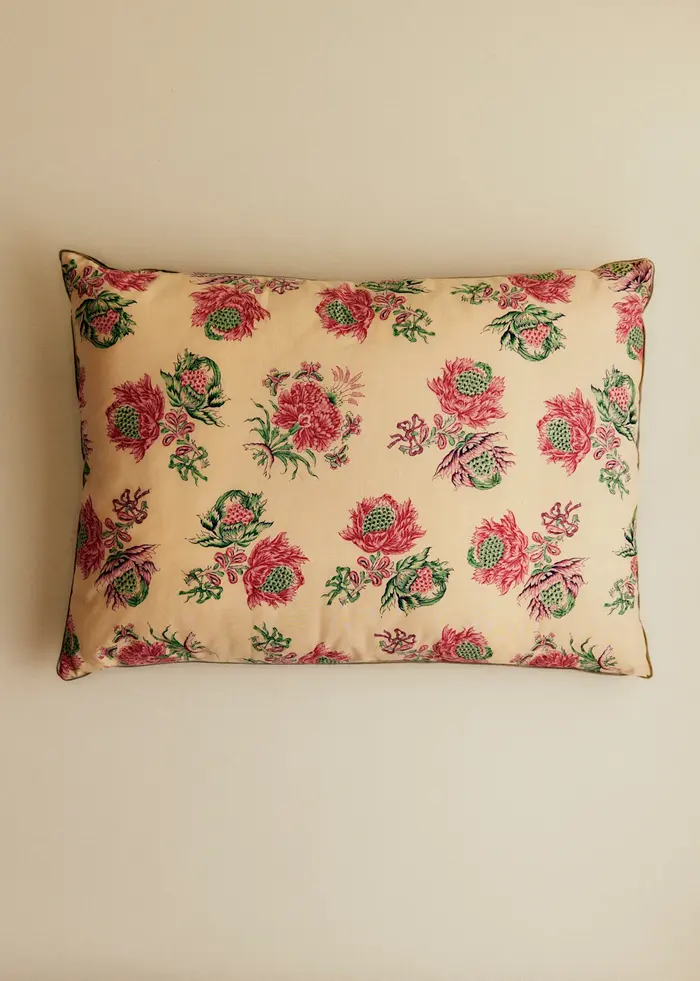 Coussin vintage velours céladon foncé - Très grand modèle - Imprimé Fleurs de Chardon