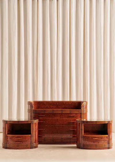 Ensemble de chambre vintage en loupe d'orme : commode et paire de chevets - Loupe d'orme