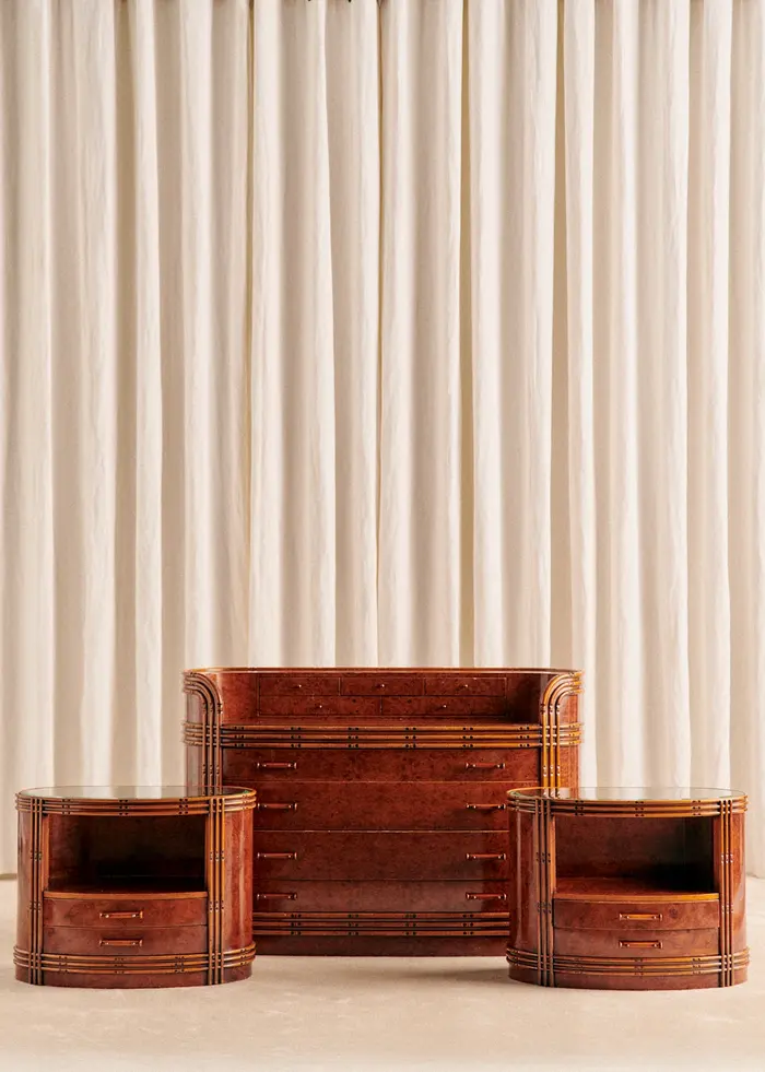 Ensemble de chambre vintage en loupe d'orme : commode et paire de chevets - Loupe d'orme