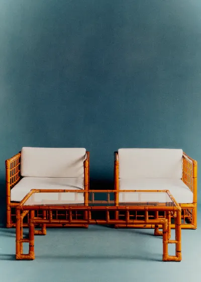 Ensemble salon vintage en bambou 2 fauteuils et 1 table basse - Bambou