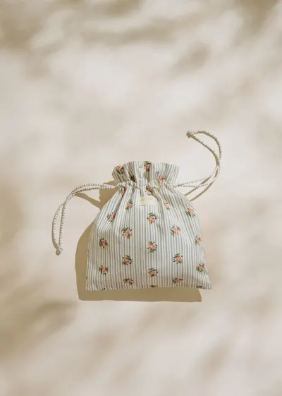 Grand pochon - Rayures Broderie Fleurs