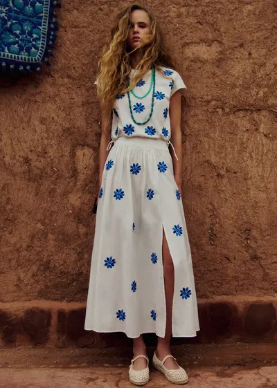 Jupe Arianna - Broderie Contrastée Ancolie Bleu Fond Ecru