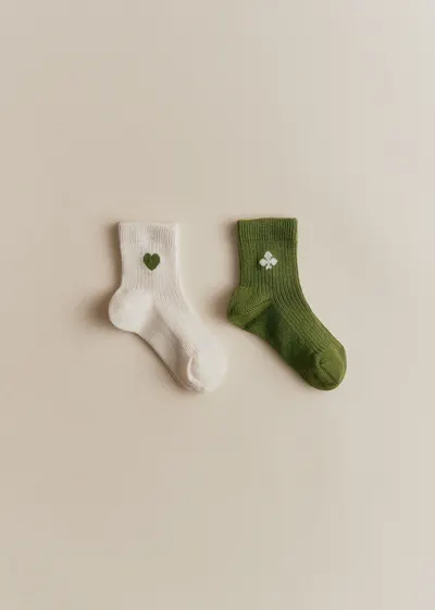 Lot de 2 chaussettes Coeurs - Écru Coeur / Trèfle Vert Chance