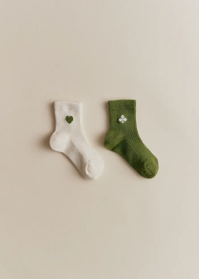 Lot de 2 chaussettes Coeurs - Écru Coeur / Trèfle Vert Chance