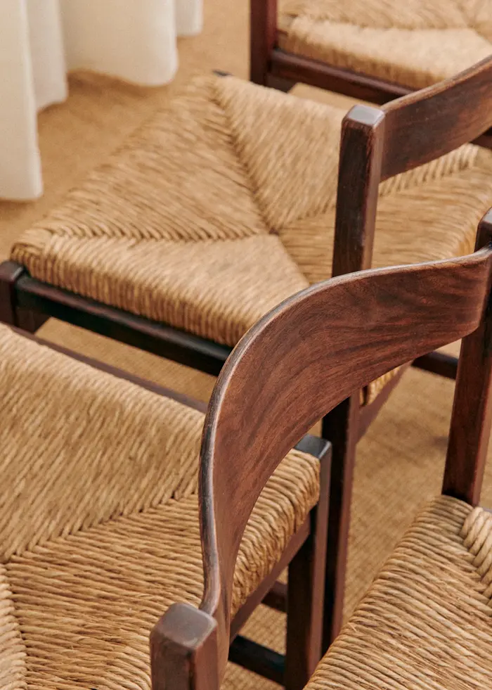 Lot de 4 chaises italiennes années 1970 - Noyer et rotin