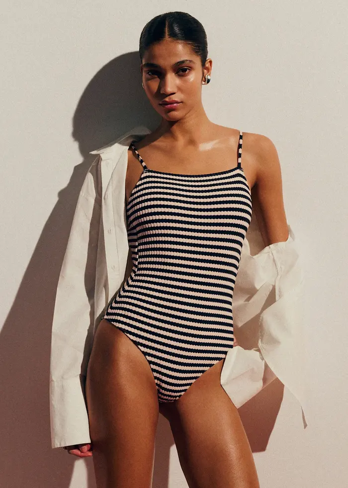 Maillot de bain Solara - Jacquard Rayé Marine Écru