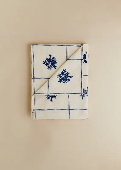 Nappe Brodée - Broderie Bleu Fond Ecru