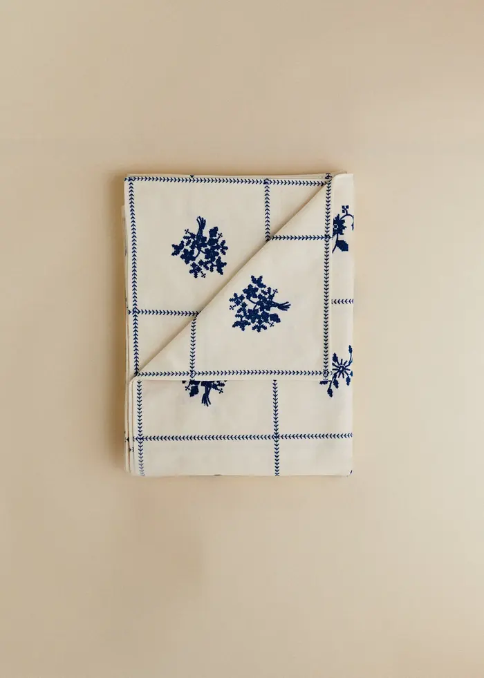 Nappe Brodée - Broderie Bleu Fond Ecru