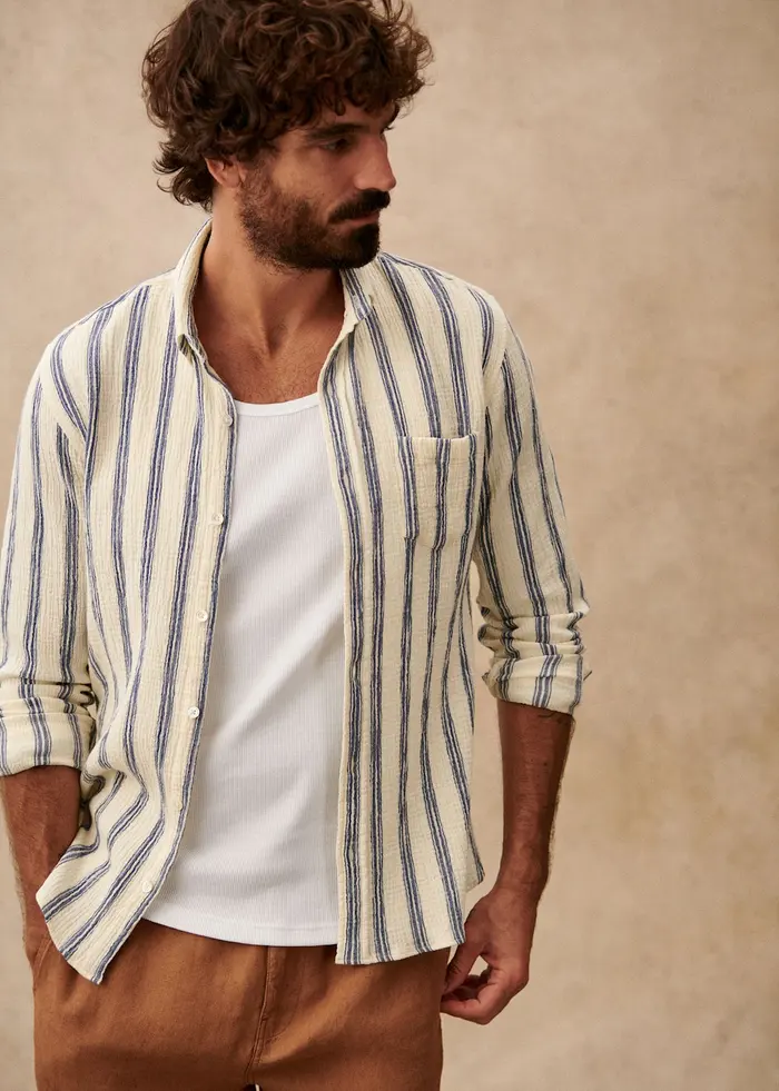 Chemise Charlie Coton Léger - Écru Rayures Bleues